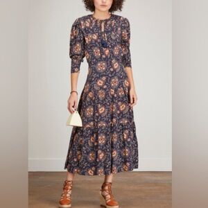 Sea New York Robina 3/4 Sleeve Maxi Long Dress Navy Floral Cottagecore Tassel